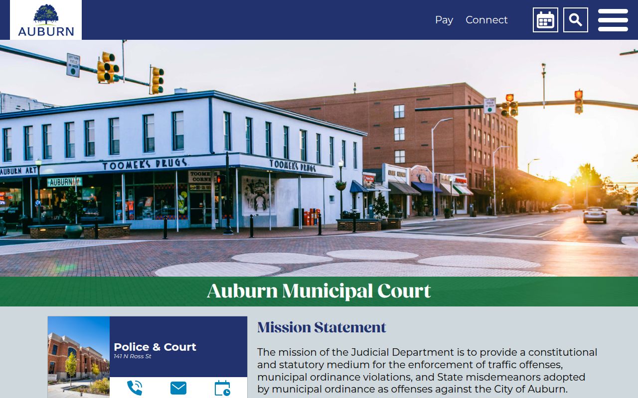 Auburn Municipal Court website with court schedule and services