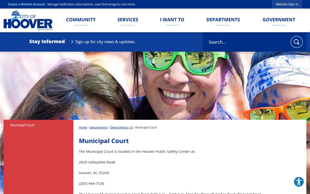 Hoover Municipal Court website with court services and ticket information