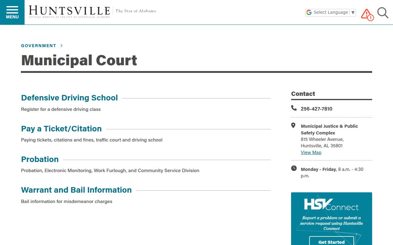 Huntsville Municipal Court website and services information