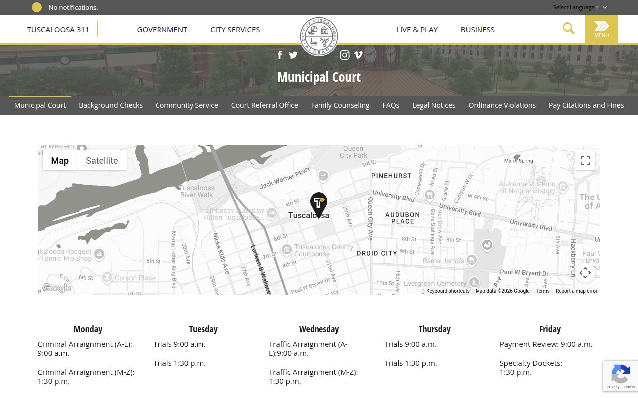 Tuscaloosa Municipal Court website and services page
