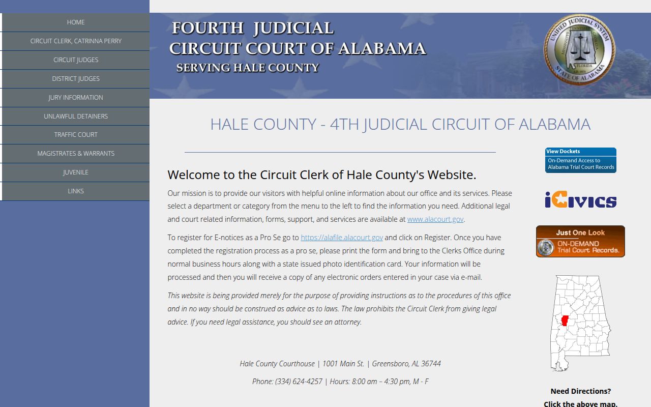 Hale County DUI records search portal on Alacourt