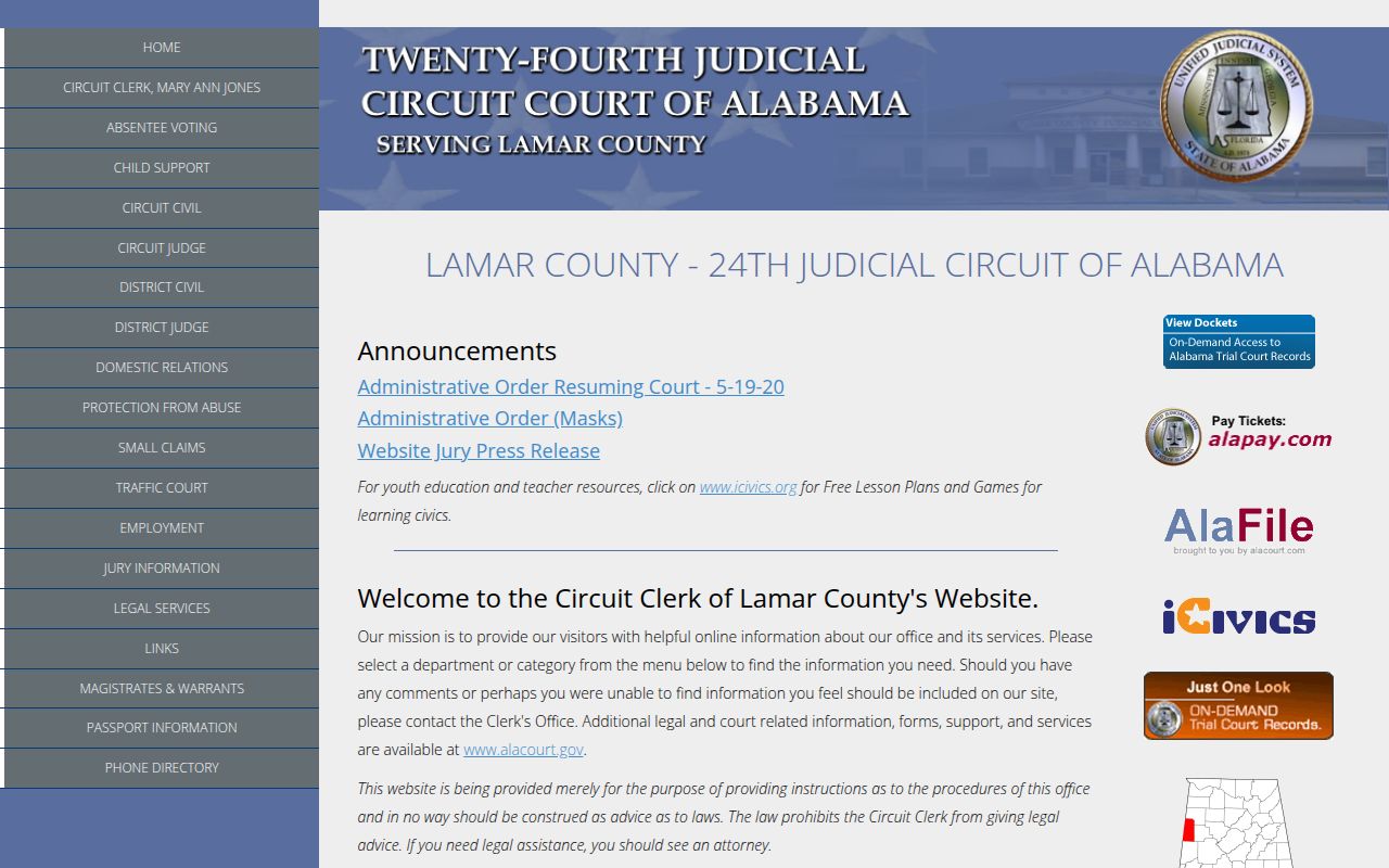Lamar County DUI records search portal on Alacourt