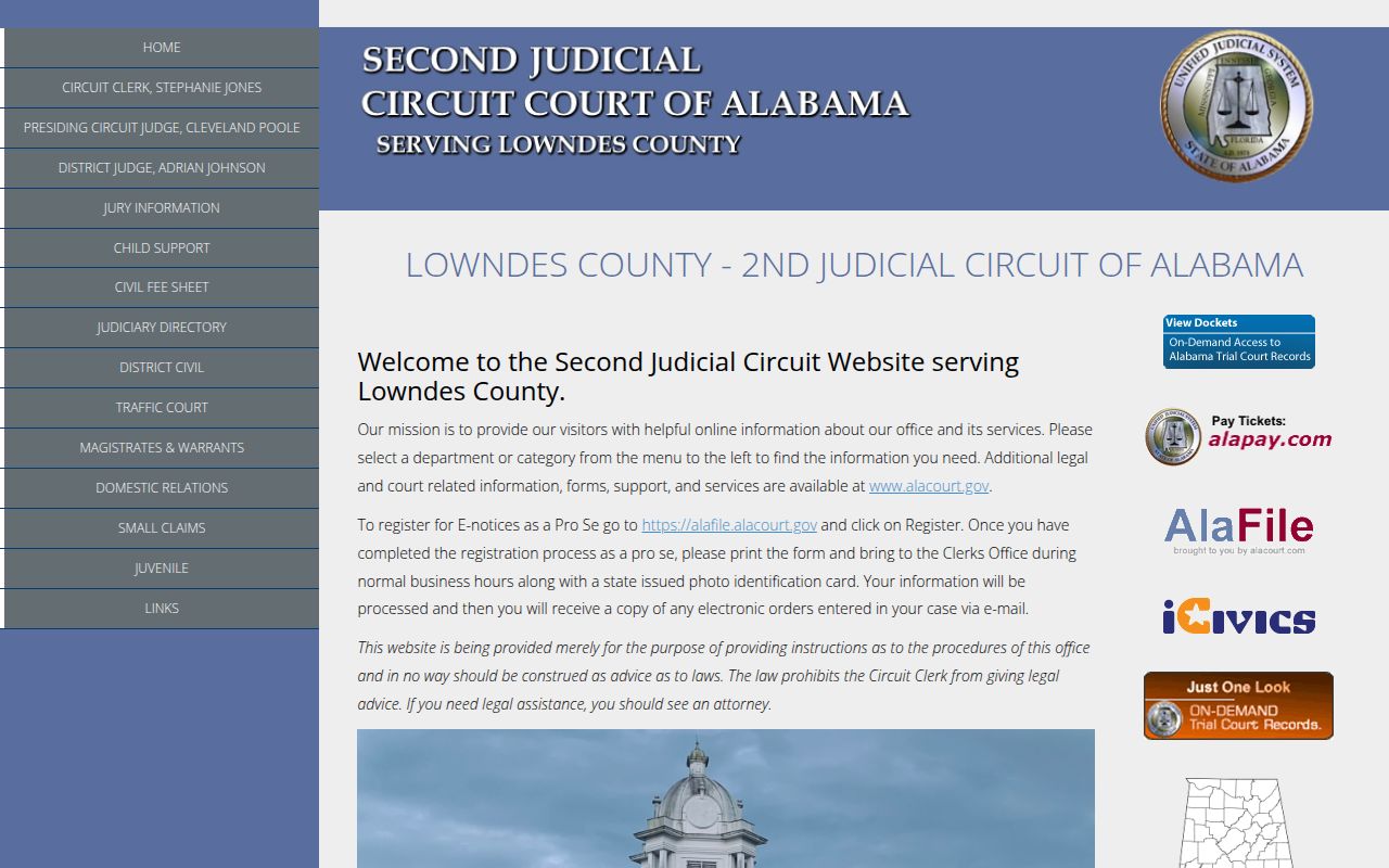 Lowndes County DUI records search portal on Alacourt