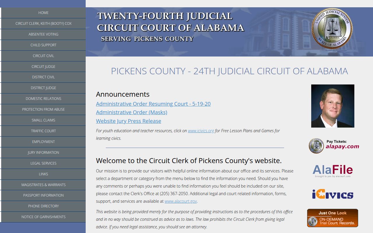Pickens County DUI records search portal on Alacourt