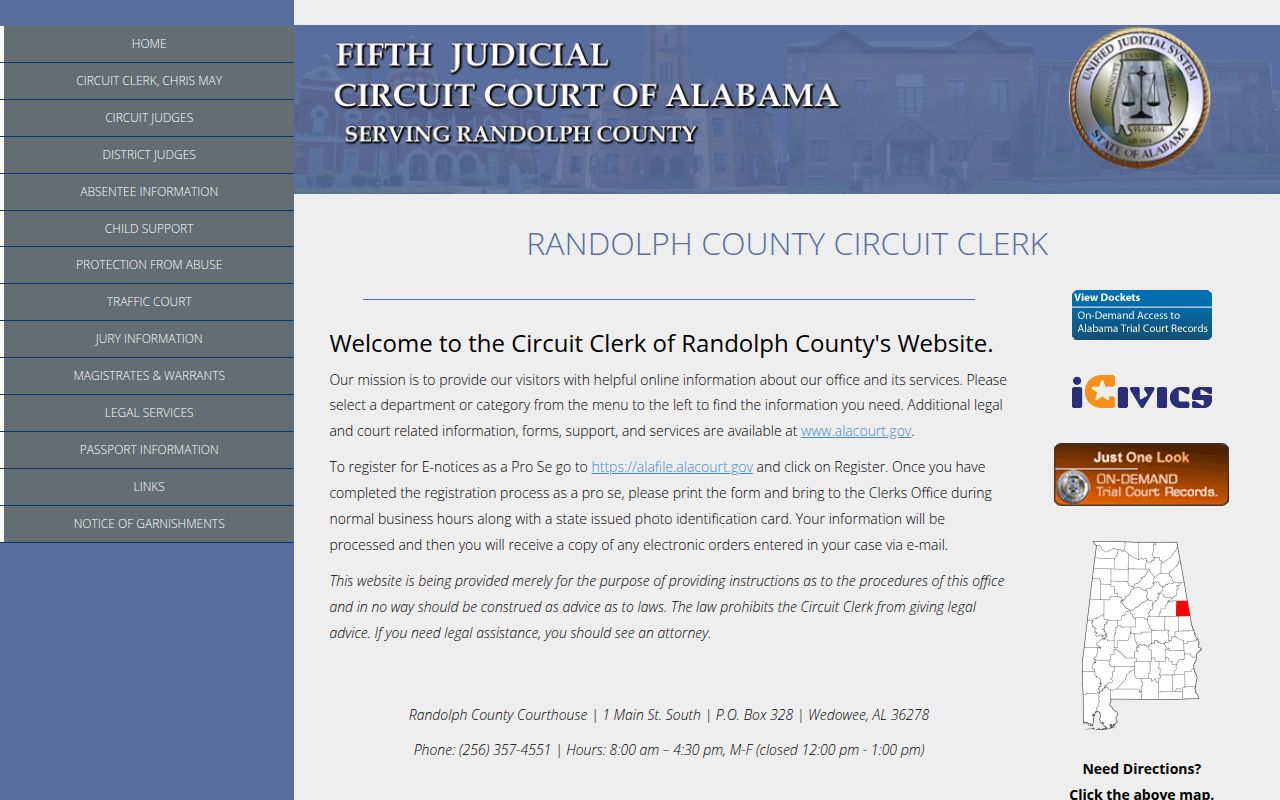 Randolph County DUI records search portal on Alacourt