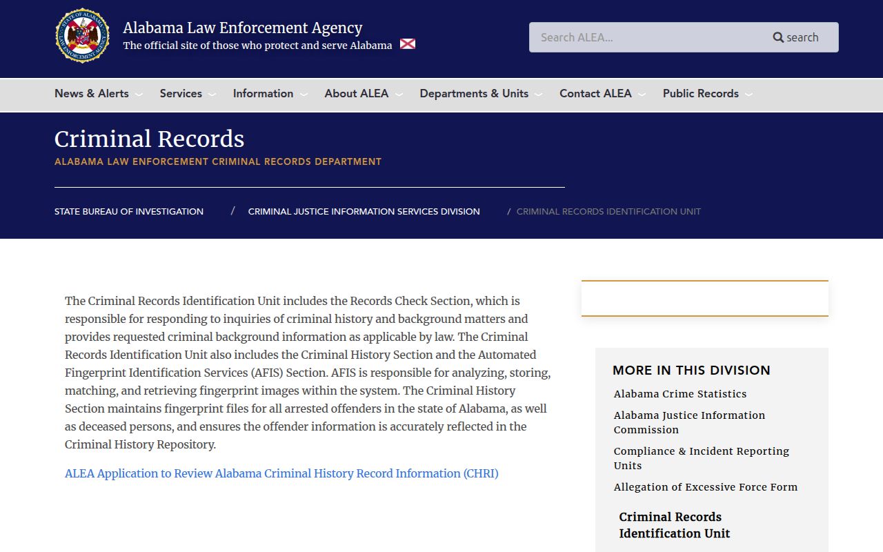 Alabama ALEA Criminal Records page for DUI background checks
